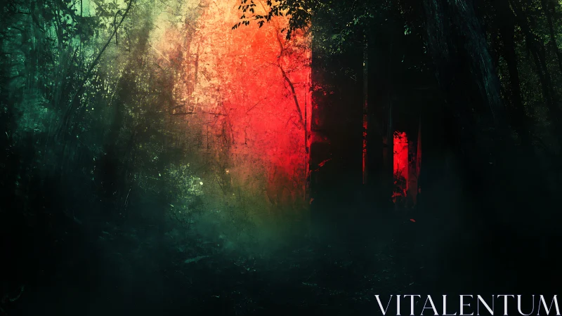 Forest scene with dramatic red light and dense green vegetation