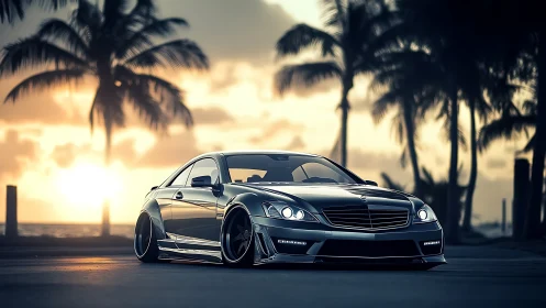 Custom silver coupe at tropical coastline during sunset.