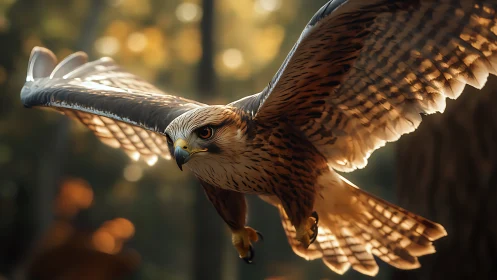 Majestic hawk in flight over forest, golden sunlight, dramatic realism.