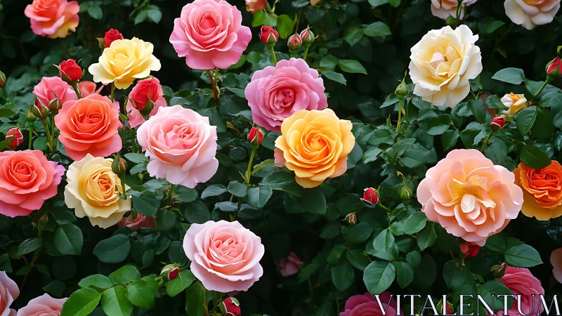 Multicolored Rose Garden Flourishing with Dense Foliage Display