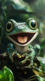 Joyful green tree frog smiles brightly in lush jungle light
