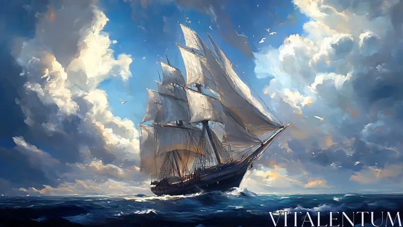 Tall ship cuts stormlit sea under towering cloud masses.