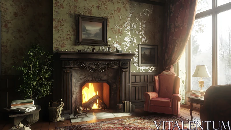 Aged parlor interior shows ornate fireplace, peeling walls, and warm fire