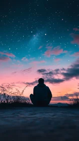 Silhouette stargazer under vivid twilight sky panorama.