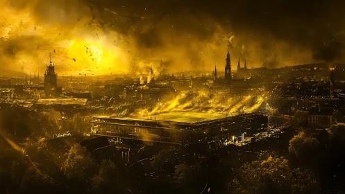 City skyline burns under intense yellow apocalyptic light
