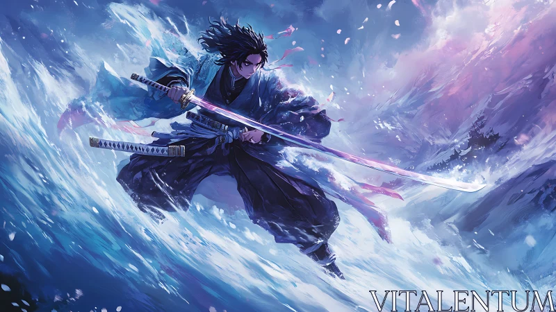 Storm-lit samurai carving light through swirling winter skies.