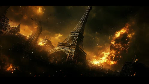 Eiffel Tower engulfed in flames amid catastrophic urban destruction.