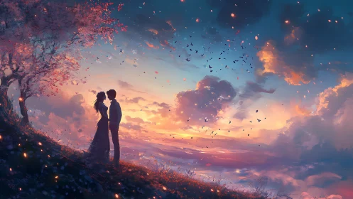 Romantic Couple Beneath Glowing Sakura Tree at Sunset.