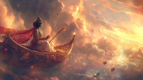 Celestial monarch in ornate sky-barge above radiant clouds.