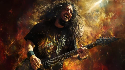 Electric guitarist lost in fiery, passionate performance.