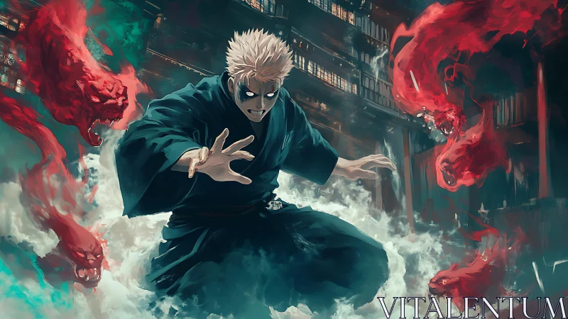 White haired sorcerer summoning red spirit beasts in mist.