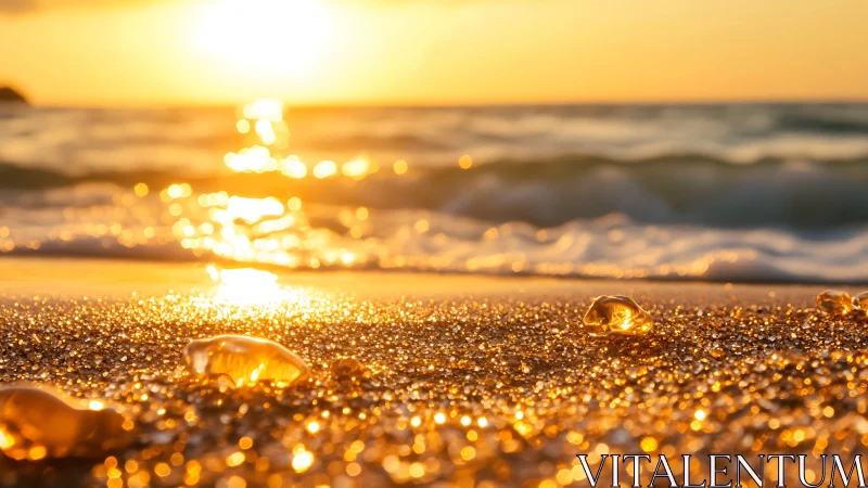 Golden sunset illuminates wet sand and translucent shells