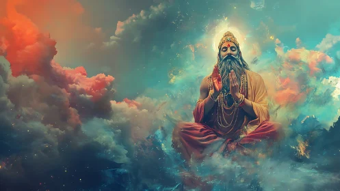 Seated robed figure rendered within dense multicolored clouds