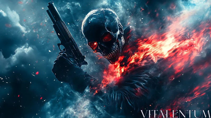 Flaming skeletal gunman in smoky blue and red environment.