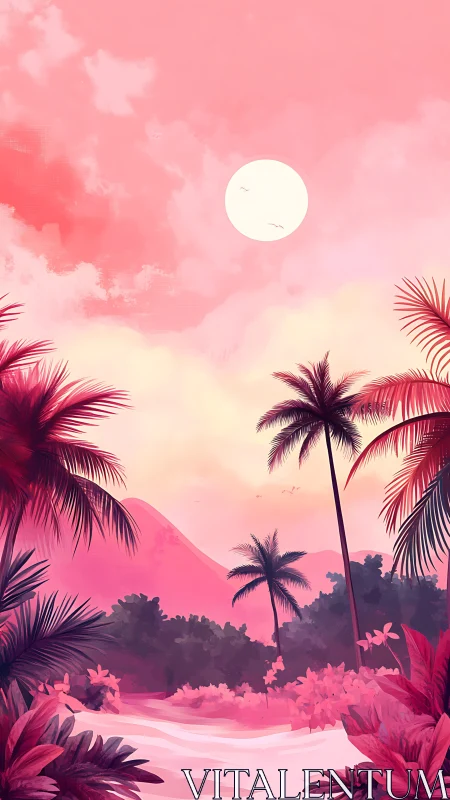 Sunlit tropical palms glow over pastel pink coastal valley