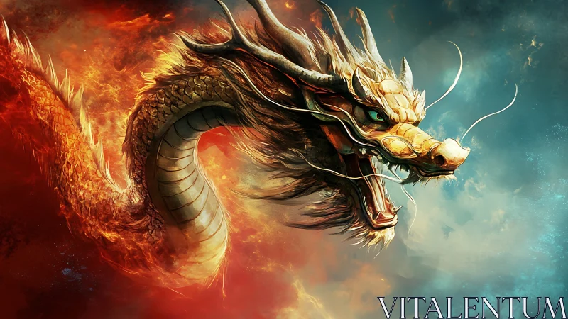 Mythic fire dragon surging through burning sky divide.