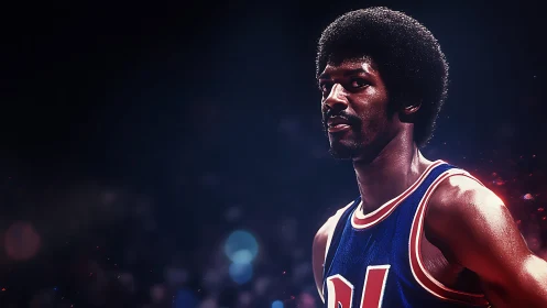 Retro style portrait of basketball player in blue jersey.