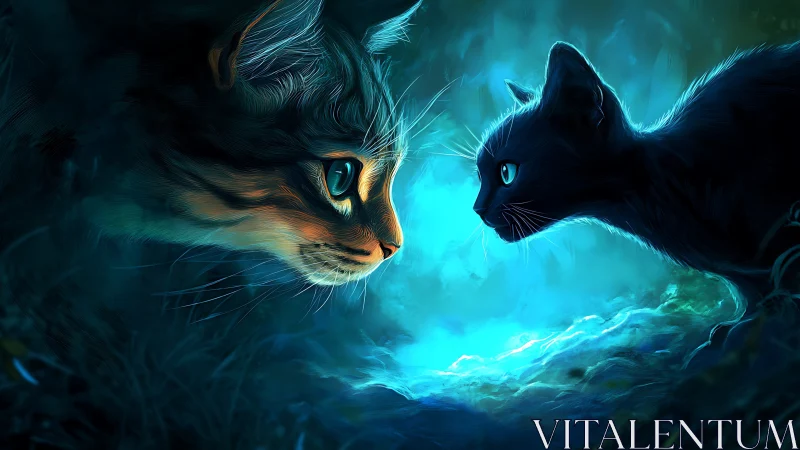 Feline Spirits in Luminous Ethereal Cave Encounter.