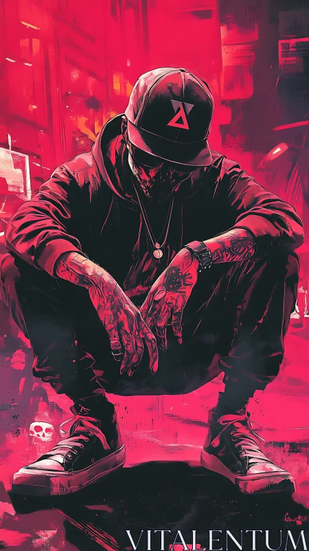 Hooded urban figure crouching in neon red cityscape.