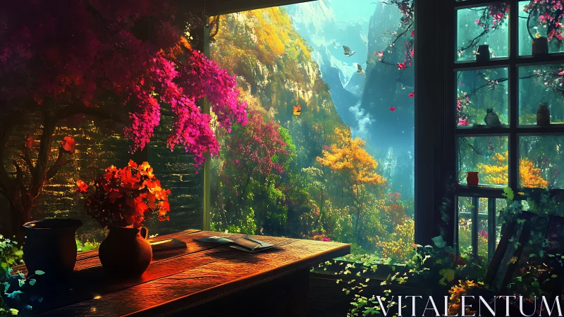 Sunlit writing nook opens onto a dreamy enchanted valley view