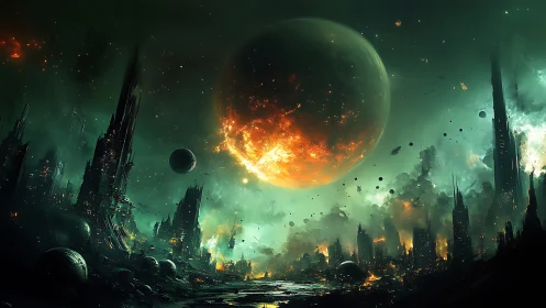 Burning world ascends above shattered alien spires in ruin.