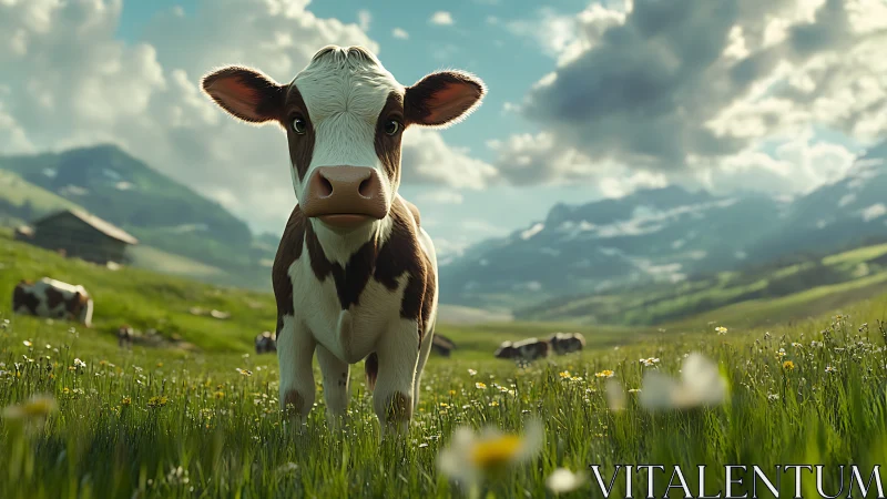 Curious young cow in sunny mountain wildflower meadow.