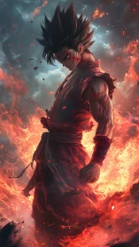 Flame-wreathed anime warrior in dynamic three-quarter profile