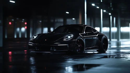 Nocturnal black sports coupe in reflective wet garage environment.