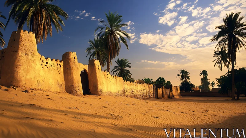 Photorealistic desert fortification under golden hour light.