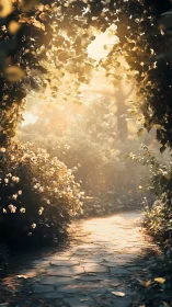 Sunlit stone garden path under leafy archway in bloom.