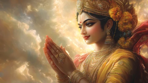 Devotional goddess portrait in golden celestial light.