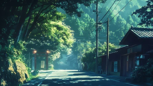 Sunlit rural shrine road under dense forest canopy.