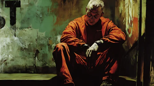 Digital painting of prisoner in orange jumpsuit, chiaroscuro study.