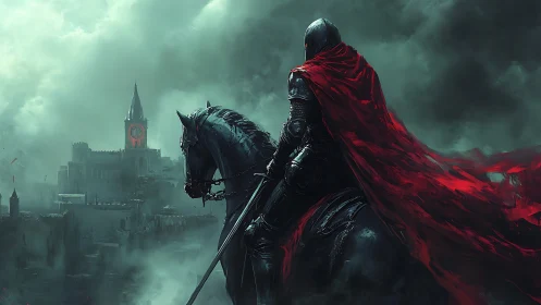 Lone dark knight on horseback riding toward a haunted crimson keep.
