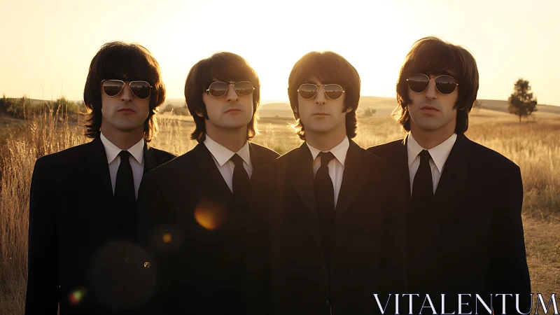 Four suited men with sunglasses stand in backlit field at sunset