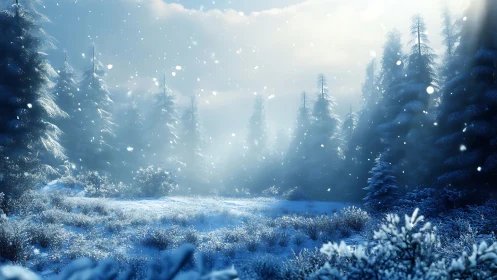 Winter Forest Scene with Bokeh Snowfall and Luminous Atmospheric Haze