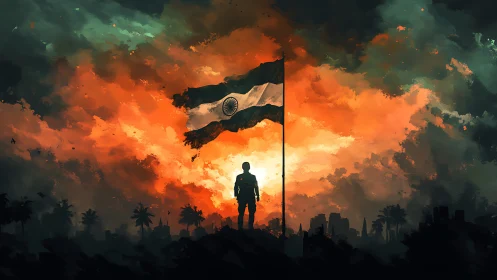 Silhouetted soldier salutes Indian flag at blazing sunset.
