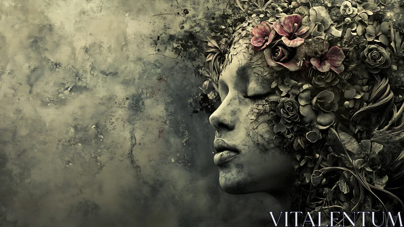 Floral stone goddess emerges from textured, dreamlike decay.