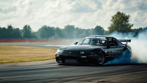 Black drift car slides through racetrack corner in dense smoke