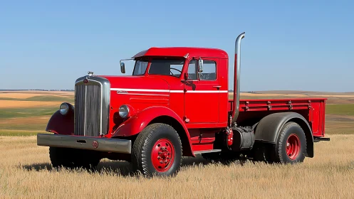 Photorealistic profile of classic red flatbed truck in field.