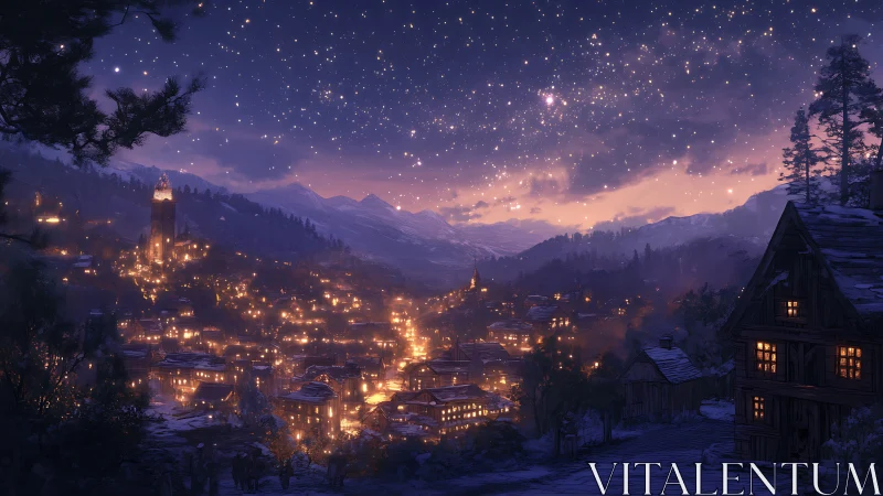 Nighttime mountain village is illuminated under dense starfield