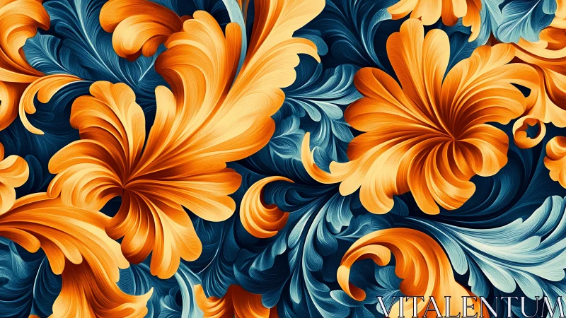 Baroque floral swirl pattern in orange and teal motion.