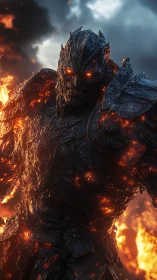 Armored lava demon stands amid erupting fire and smoke