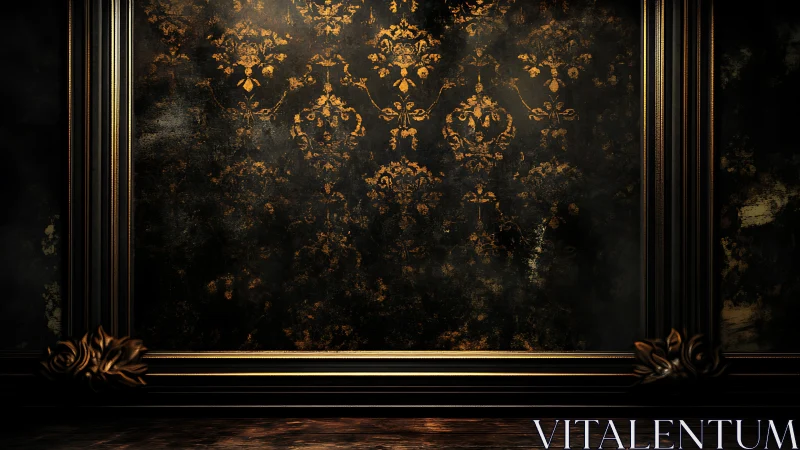 Baroque gilt frame around distressed damask wall panel