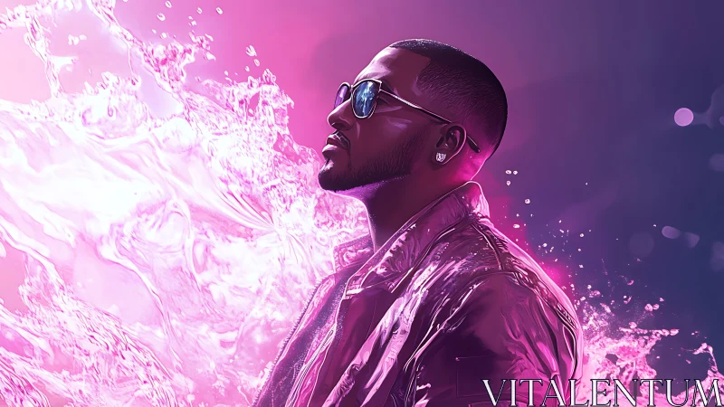 Neon-lit portrait of a man in reflective jacket amid liquid light