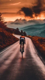 Cyclist climbing mountain road at golden sunset.