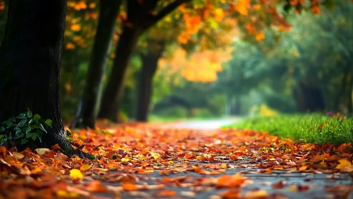 Leaf-covered pathway extends under trees in shallow focus
