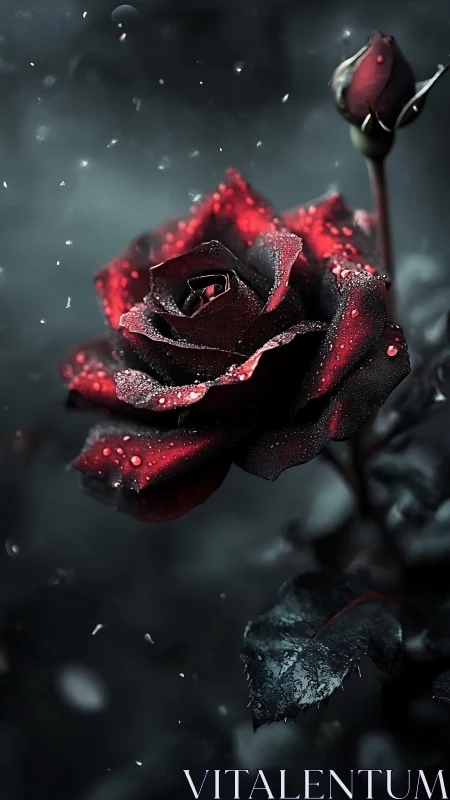 Crimson black rose with dewdrops in moody dark atmosphere.