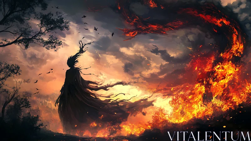 Dark silhouette confronting roaring dragon of fire at dusk.