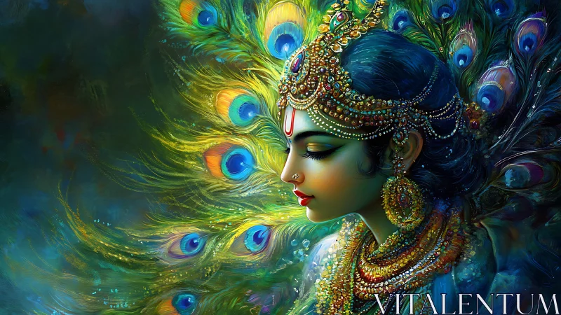 Jewel adorned profile deity with iridescent peacock plume halo